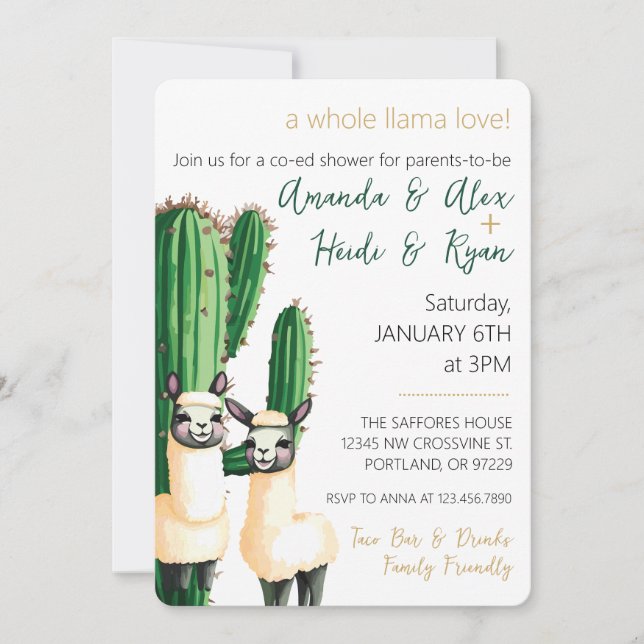 Llama Love Cactus Invitación Baby Shower (Anverso)