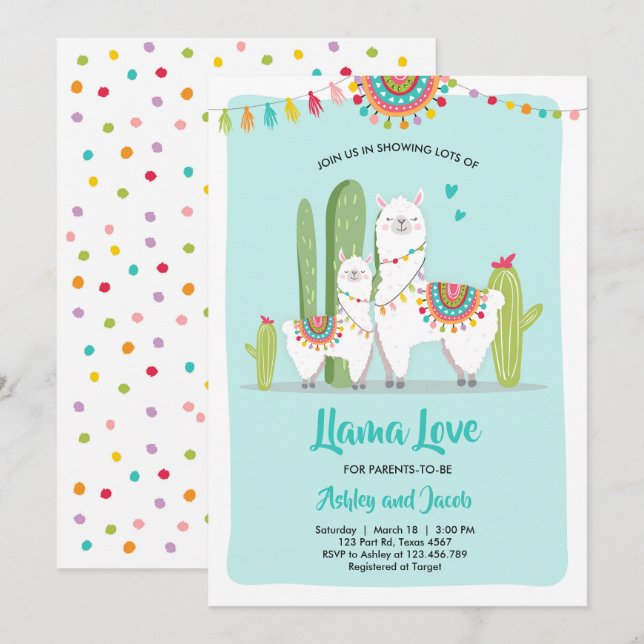 Llama Love Fiesta Boy Blue Baby Shower Invitación (Anverso / Reverso)