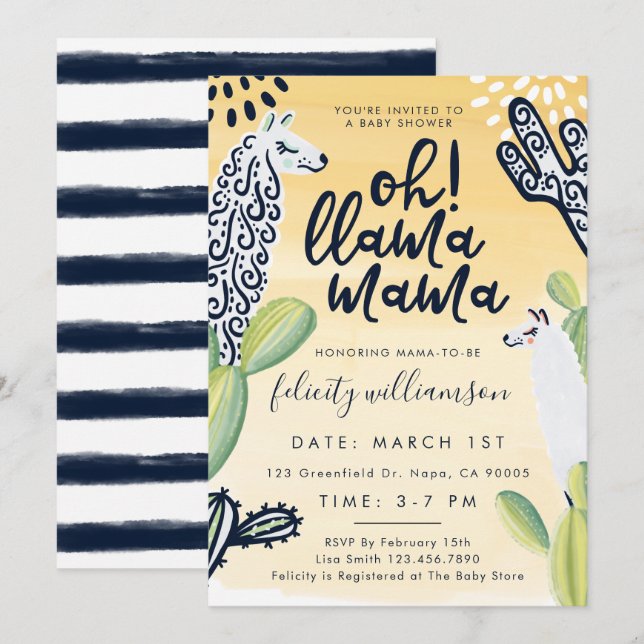 Llama Mama: Invitación a Baby Shower neutral de gé (Anverso / Reverso)