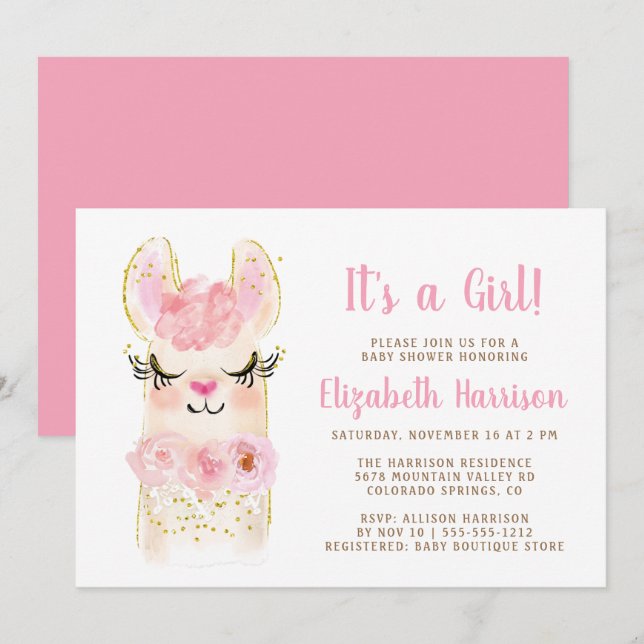 Llama Mama Pink Baby Shower Invitación (Anverso / Reverso)
