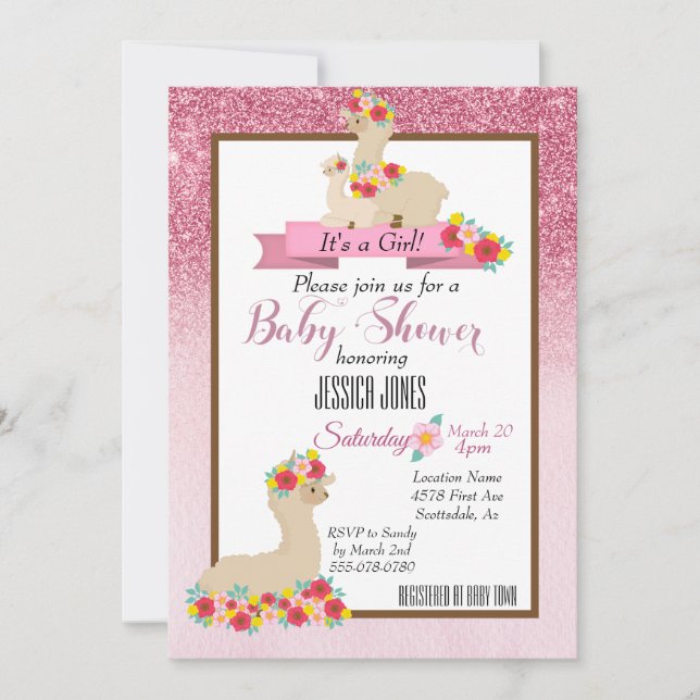 Llama rosa Mama Sparkle Invitación a Baby Shower (Anverso)