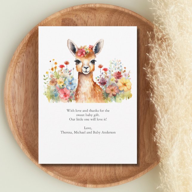 Llama Wildflowers Baby Shower Tarjeta de agradecim (Baby Llama Watercolor Wildflowers Baby Shower New baby gift thank you card)