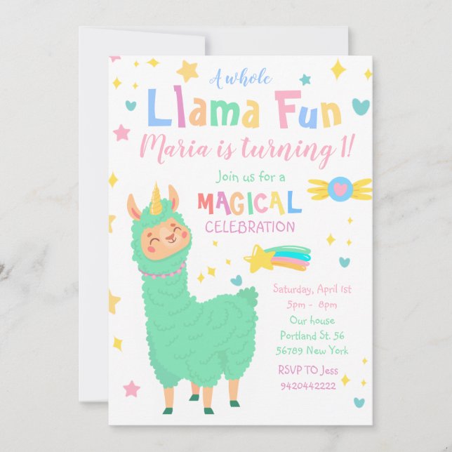 Llamacorn Magical Llama Invitación al cumpleaños (Anverso)
