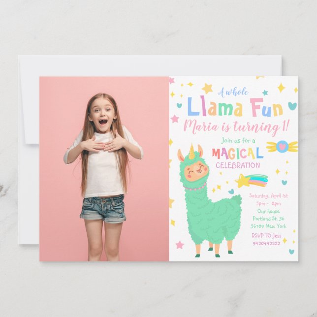 Llamacorn Photo Llama Invitación al cumpleaños (Anverso)