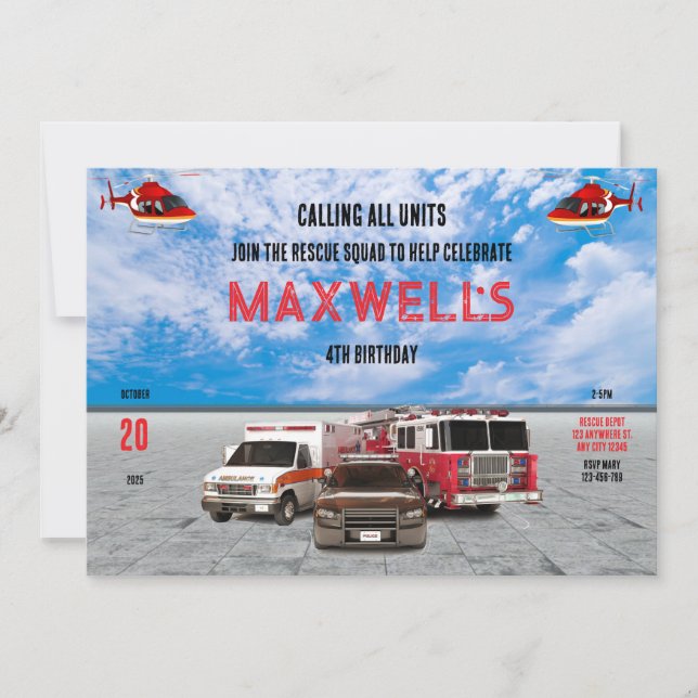 Llamar a todas las unidades Invitación de cumpleañ (Anverso)