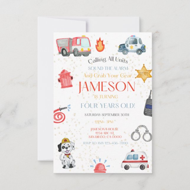 Llamar a todas las unidades Invitación de cumpleañ (Anverso)