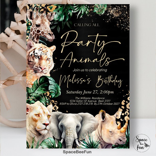 Llamar a todos los Fiestas a la invitación de cump (Calling All,Party Animal,Birthday Invitation,Leopard Print, Jungle,white gold,Theme Safari,gold Safa)