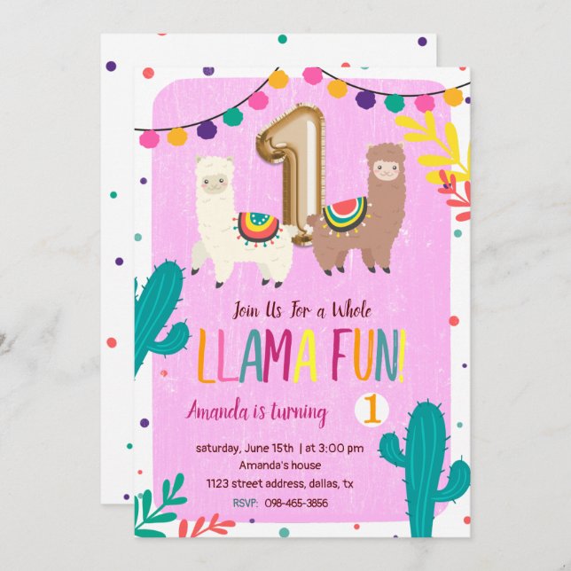 Llamas 1er cumpleaños invitación (Anverso / Reverso)