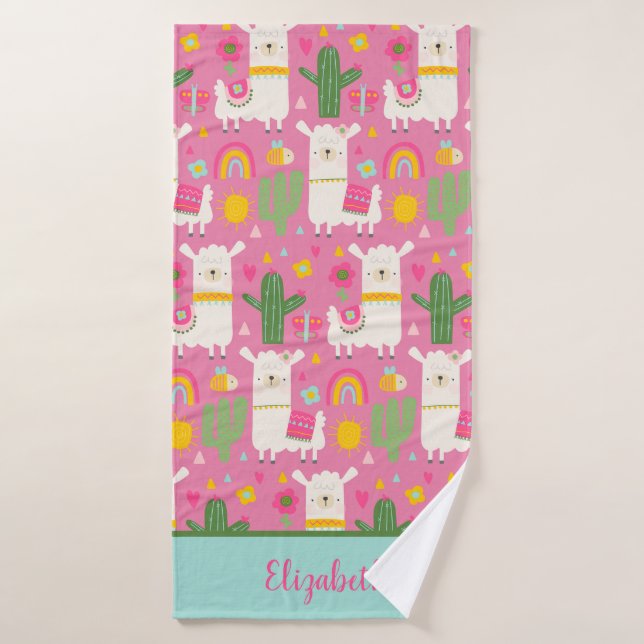 Llamas de Monograma Arcoíris Cactus Verde Rosa Fem (Toalla de baño)