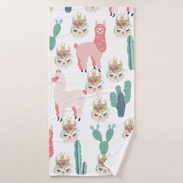 Llamas rosadas y cactus verdes (Toalla de baño)