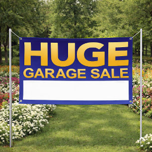 Llamativa pancarta "Enorme venta de garage" azul y