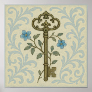 Llave de época y arte de pared floral azul - Estil