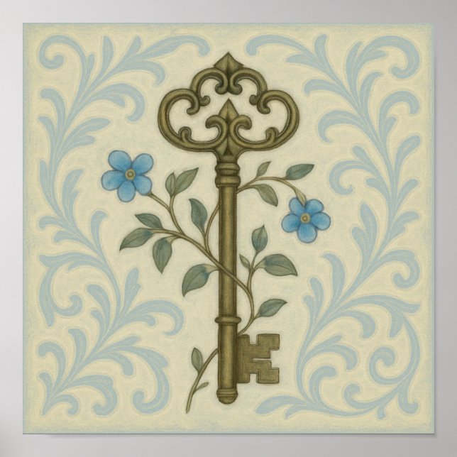 Llave de época y arte de pared floral azul - Estil (Frente)