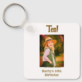 Llavero 10th birthday photo name date simple brown beige b