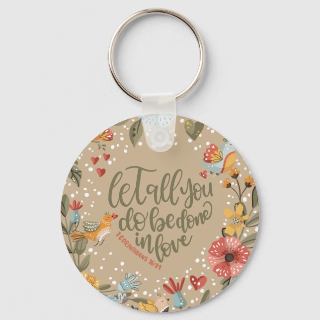 Llavero 1 Corintios 16:14 Boho Floral Birds con foto (Anverso)