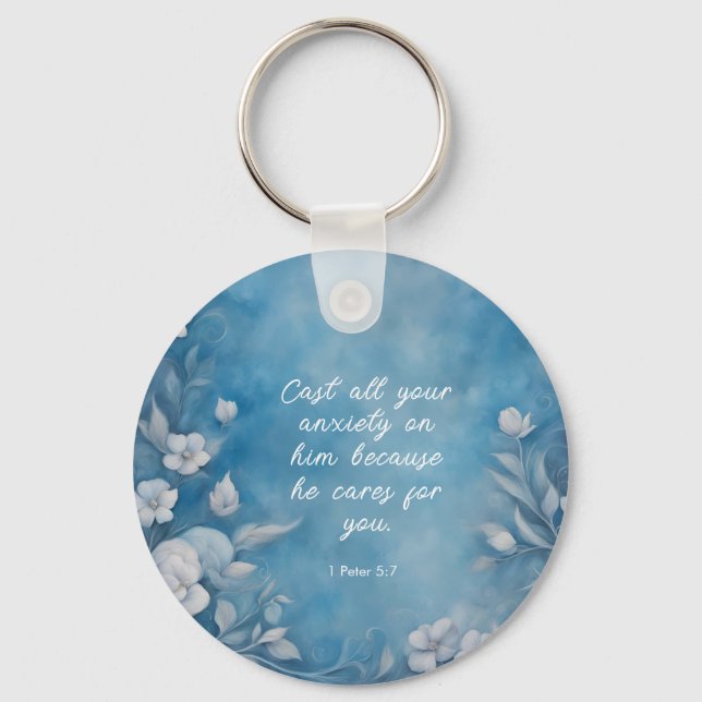 Llavero 1 Peter 5:7 “Cast All Your Anxiety” Blue Floral (Anverso)