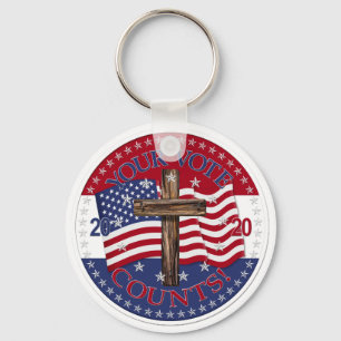 Llavero 2020 Su voto cuenta cruz y bandera americana