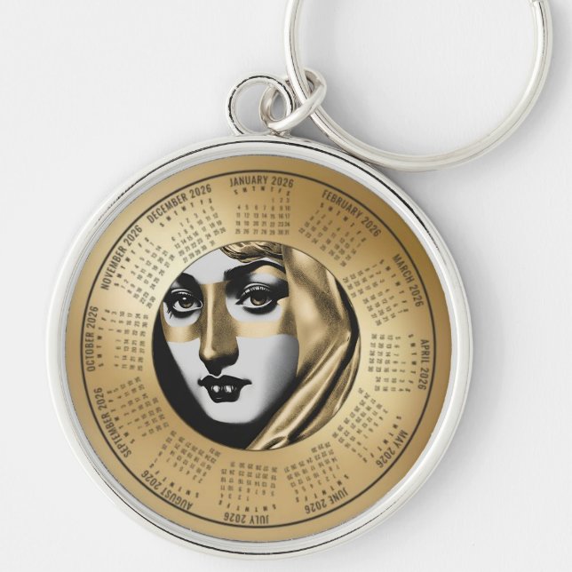 Llavero 2026 Calendar Keychain Woman's  Art Deco Face Gold (Frente)