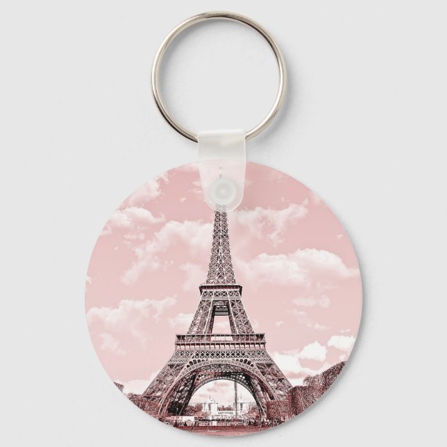 Llavero 2.25" Botón básico Keychain Torre Eiffel Rosa (Anverso)