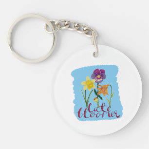 Llavero 4 flores de primavera y verano con texto elegante