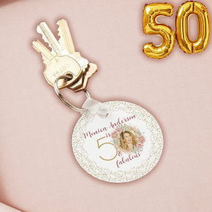 Llavero 50 y Fabuloso Cumpleaños Foto Floral Rosa Oro
