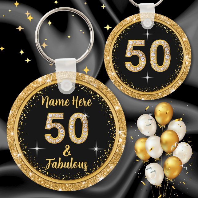 Llavero 50 y fabulosos favores partidarios, personalizados (Fifty & Fabulous. 50th birthday party favors for adults. Elegant 50th birthday favors, personalized.)
