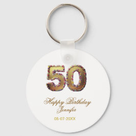 Llavero 50th birthday add name date year gold floral bold 