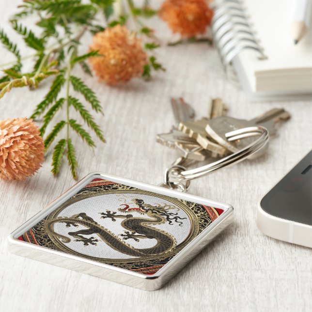 Llavero [600] Dragón oriental sagrado de oro y negro (Lado)