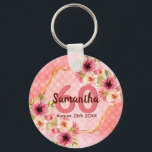 Llavero 60 cumpleaños fiesta de coral oro dahlia flores<br><div class="desc">Un keychain de moda para una fiesta de cumpleaños número 60. Con un marco geométrico en forma de hexágono de oro falso. Decorada con flores de dalia acuáticas de color rosa, crema y coral. Coral vivo con puntos de polka como fondo. Plantillas para un nombre, edad 60 y fecha. Fecha...</div>