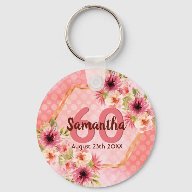 Llavero 60 cumpleaños fiesta de coral oro dahlia flores (Anverso)