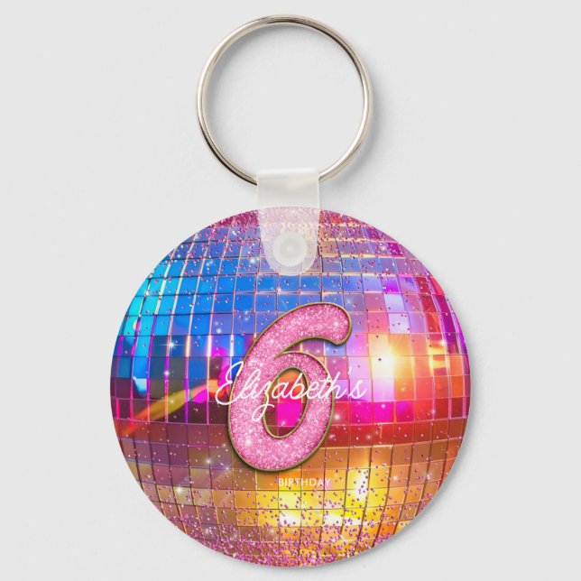 Llavero 6th Birthday Party Gold Pink Glitter Disco Ball (Reverso )