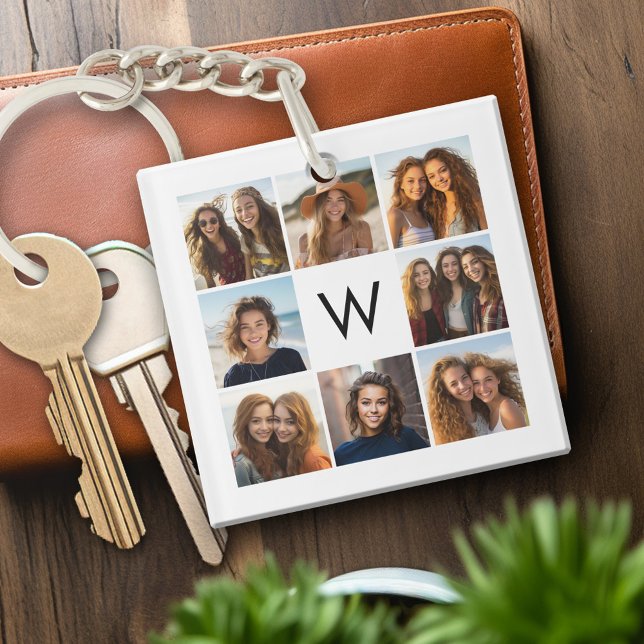 Llavero 8 Personalizado de Collage de fotos Monograma Blan (Personalized keychain with photo collage and monogram)