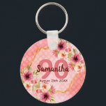 Llavero 90.º nombre geométrico floral rosa de cumpleaños<br><div class="desc">Un keychain de moda para una fiesta de cumpleaños número 90. Con un marco geométrico en forma de hexágono de oro falso. Decorada con flores de dalia acuáticas de color rosa, crema y coral. Coral vivo con puntos de polka como fondo. Plantillas para un nombre, edad 90 y fecha. Fecha...</div>
