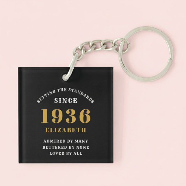 Llavero 90th Birthday 1936 Black Gold For Her Personalized (Born 1936 birthday keychain. Pastel background.)