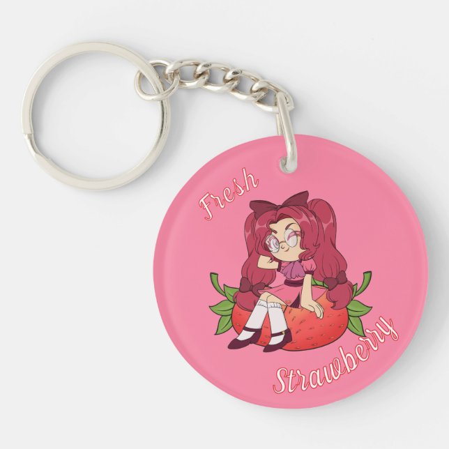 Llavero A Customized Key Chain with Cute Strawberry Chibi (Frente)