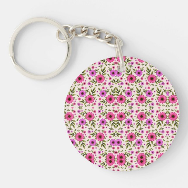 Llavero A round keychain with a vibrant pink and green  (Frente)