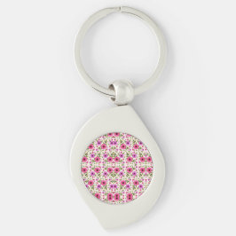 Llavero A silver teardrop keychain with a round pink