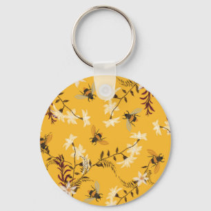 Llavero Abeja y mariposa vintage: Arte floral bordado