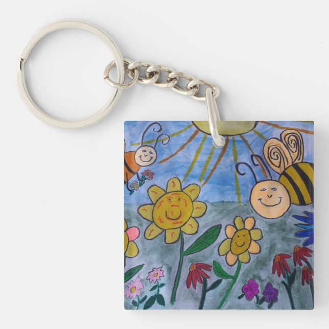 Llavero Abejas y flores Anillo de claves acrílicas (Frente)