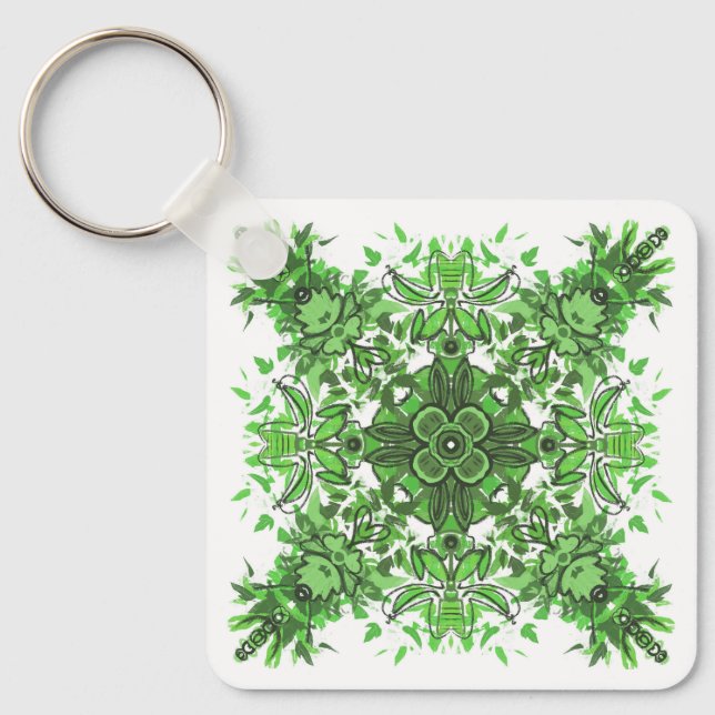 Llavero Abstract Floral Pattern In Black & Green On White (Anverso)