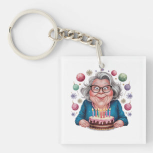 Llavero Abuela Divertida Mirando el Pastel Arte de Cumplea
