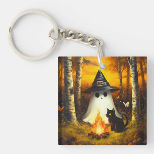 Llavero Acogedor Fantasma de Halloween y gato negro en la