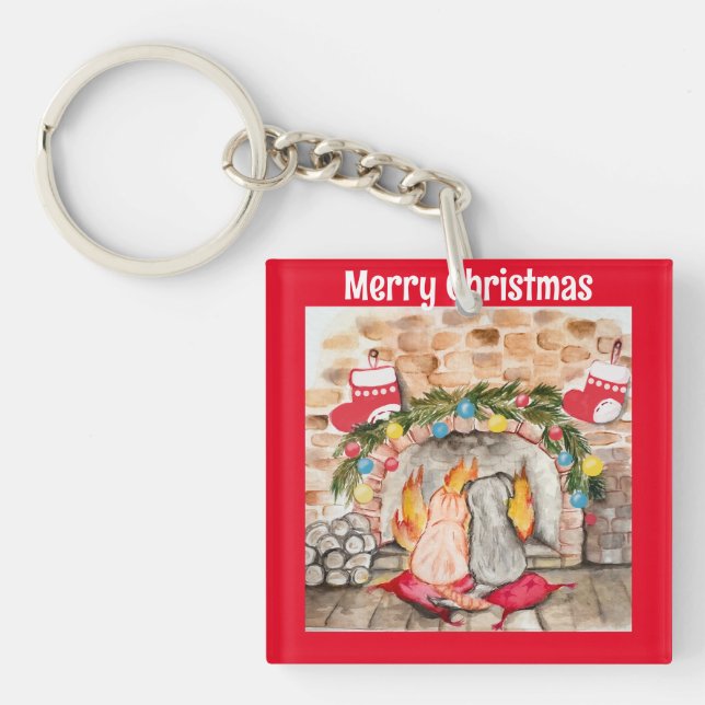 Llavero Acogedores Navidades mantel con perro y gato (Frente)