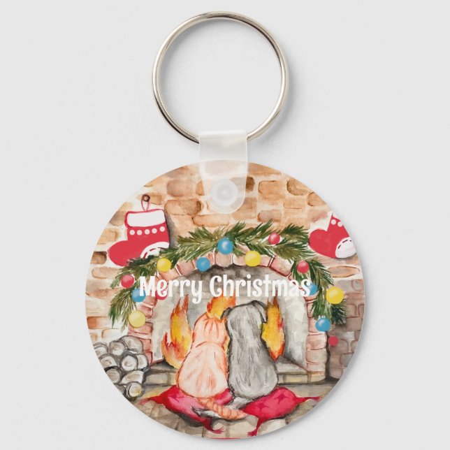 Llavero Acogedores Navidades mantel con perro y gato (Anverso)
