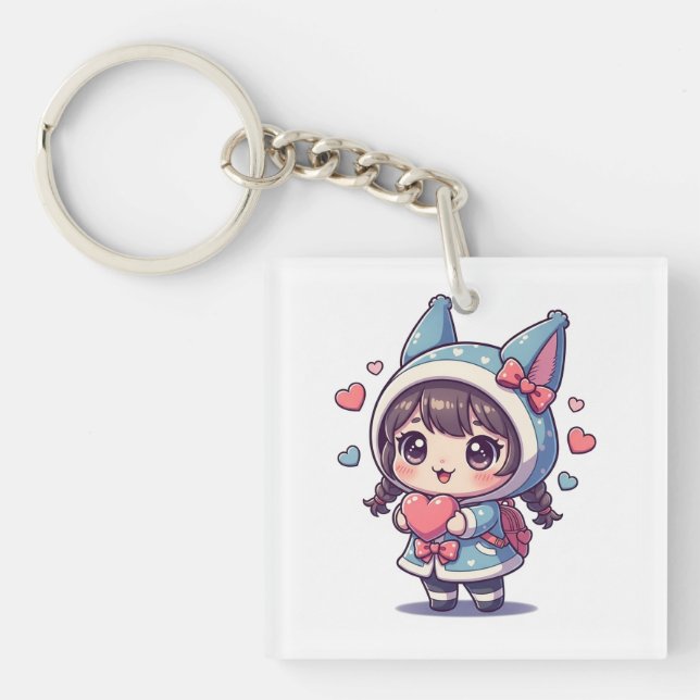 Llavero Acrílico de Chica Chibi Kawaii con Corazón (Frente)