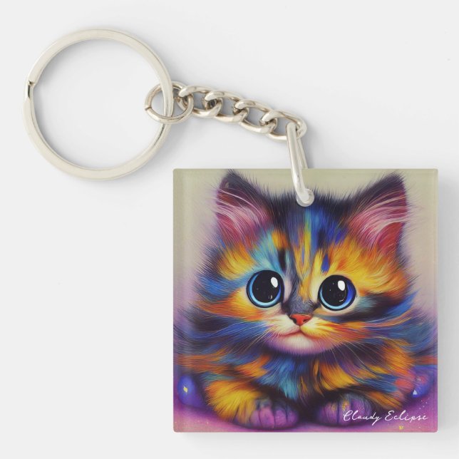 Llavero Acrílico de Gatito Tortie Arcoíris (Frente)
