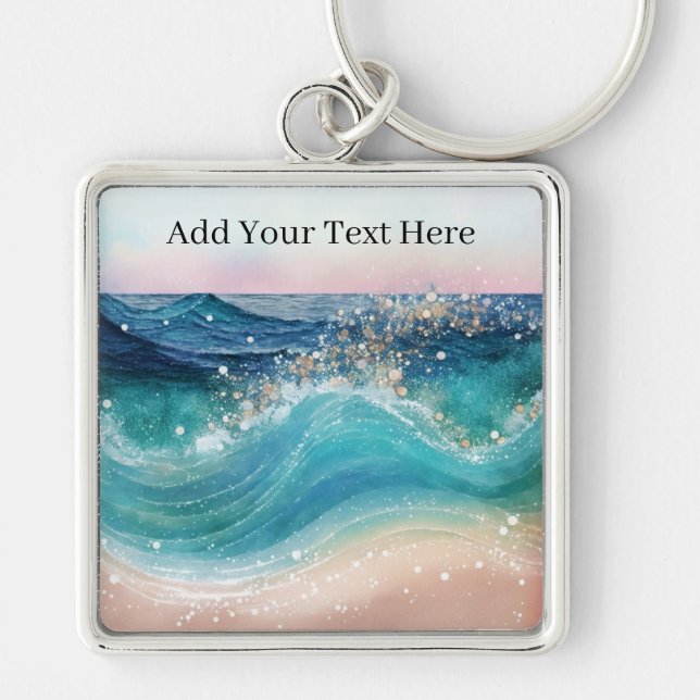Llavero Acuarela Blue White Ocean Wave Personalizado Foto  (Frente)