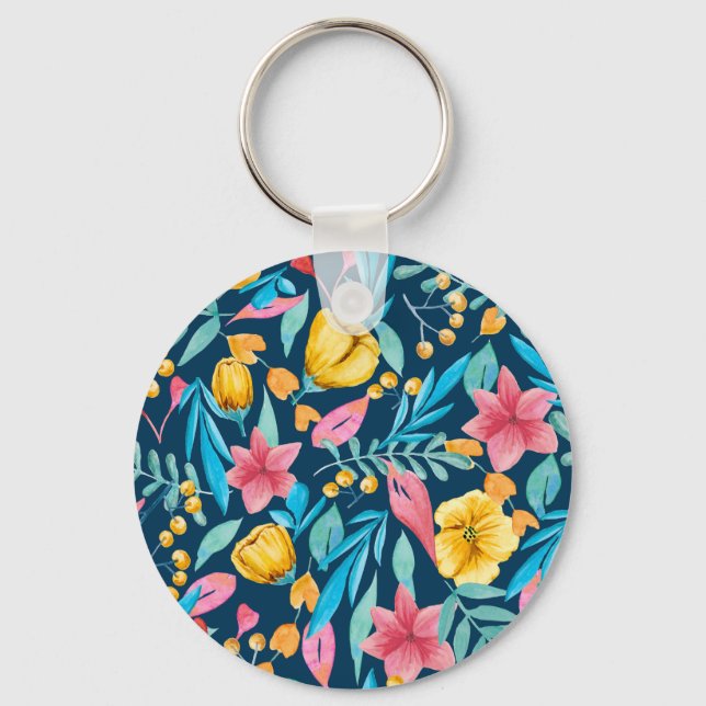 Llavero acuarela botánica: flores, hojas adornadas. (Anverso)