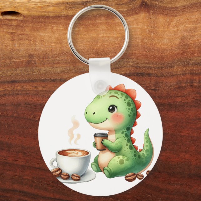 Llavero acuarela Cute Dinosaur T Rex beber café (Anverso)