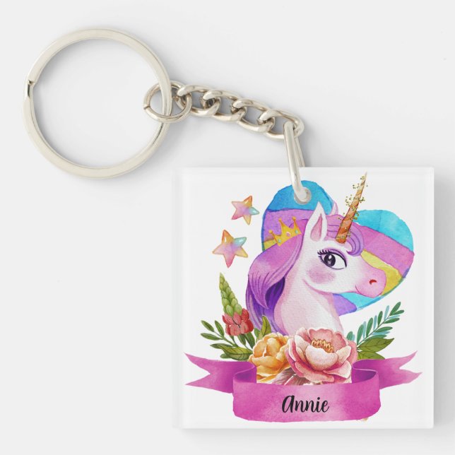 Llavero Acuarela Cute Unicorn Nombre personalizado (Frente)